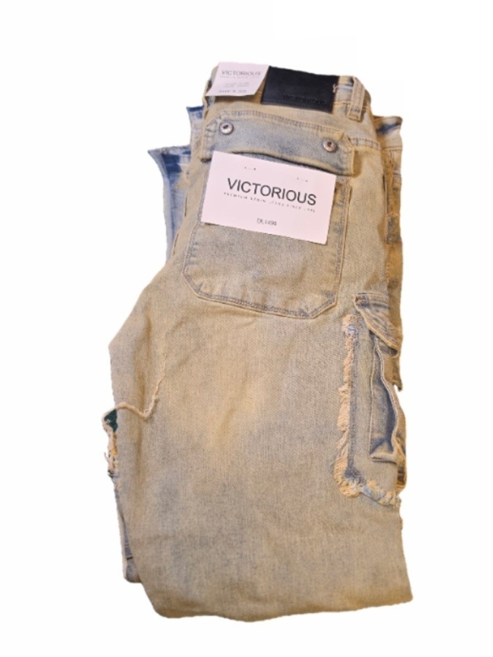 Victorious Casual Raw Bootcut Denim Cargo Distressed Button Flap Closures Zip